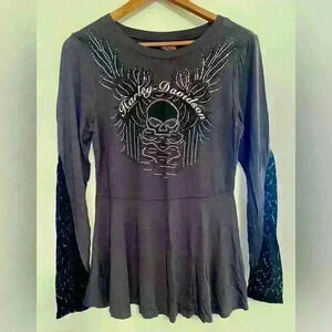 Harley Davidson Long Sleeve Darg Gray Dressy Shirt Bling Willy G Skull Size L